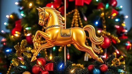 A golden carousel horse is displayed in front of a christmas tree adorned with colorful lights