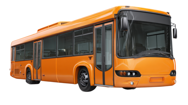 Modern orange city bus photographed in angled perspective highlighting windows wheels doors and transportation design for urban mobility concept visuals on white background