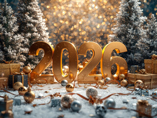 Golden 2026 New Year Celebration with Festive Gifts, Snowy Trees and Sparkling Holiday Lights