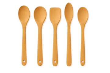 Group of five wooden spoons of different shapes isolated on transparent background, kitchen utensils for cooking