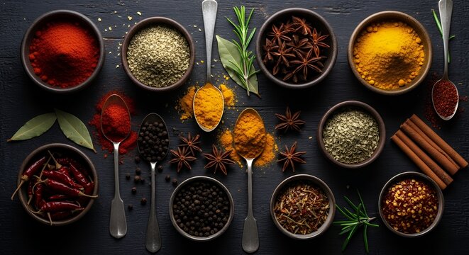Variety of spices and herbs in bowls on dark table