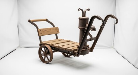 Old handcart with wood slats & a metal cylindrical pump on white backdrop