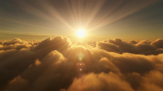 Heavenly clouds with radiant sun rays above sky