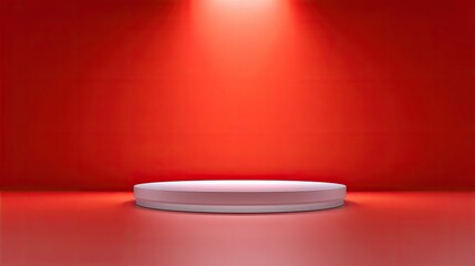 Round white platform under soft spotlight in an empty red studio background for presentations, displays, or product showcases with creative potential