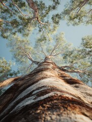 Upward view of a towering eucalyptus tree trunk and canopy.  Sunlight filters through the leaves.  Natural, vibrant, and organic