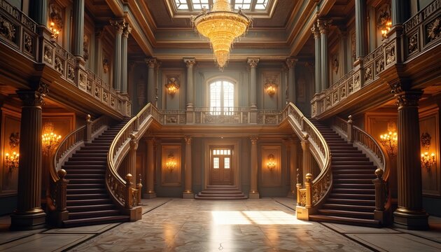 Grand ornate ballroom interior with large crystal chandelier. Sweeping dual staircase with golden railings. Elegant baroque architecture with columns and decorative walls. Luxurious old mansion hall.