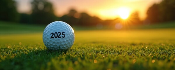 Golf ball marked 2025 sits on lush green grass. Sun sets behind trees casting warm golden light. Represents new year hopes, future success, sport achievements.