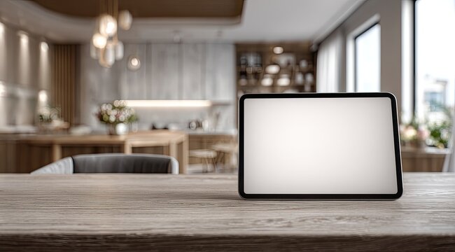 Tablet on a wooden table, modern kitchen background