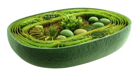 Highly detailed 3D illustration of plant cell cross-section showing internal organelles and complex biological structures for science and education on white background