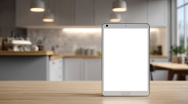 A white tablet computer rests on a light wooden table, in front of a blurred modern kitchen interior