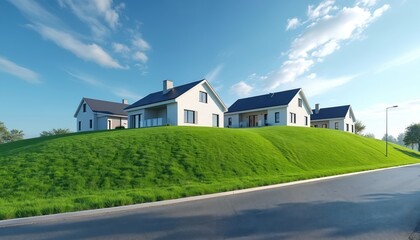 Fototapeta premium Modern white houses with dark roofs stand on bright green grassy slope. Clear blue sky, soft clouds hover above new residential buildings with clean lines. Paved road runs beside manicured lawn in