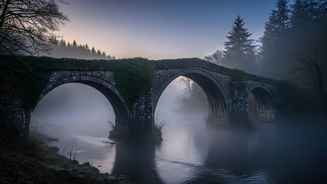 Mystical Stone Bridge Over River in Foggy Landscape.