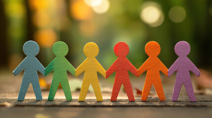 Rainbow paper figures holding hands in nature representing teamwork inclusion and equality