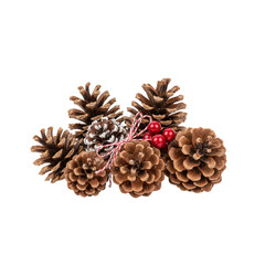 Fototapeta premium Christmas Decoration with Pine Cones, Holly Berries, and Twine Isolated on White