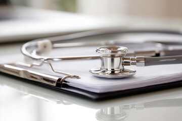 Stethoscope rests on dark clipboard holding white patient charts, representing medical care and diagnostic services.