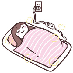 電気毛布で眠る女性のイラスト