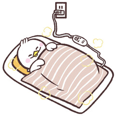 電気毛布で寝る白い鳥のイラスト