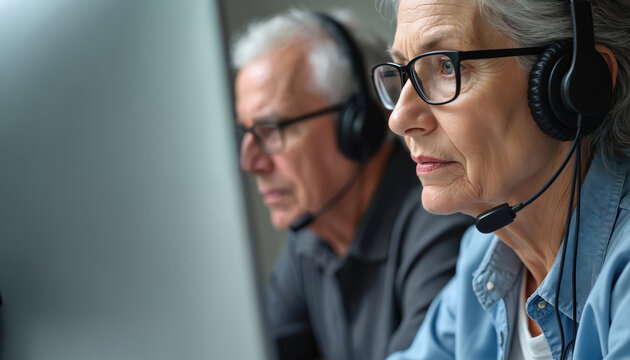 Senior woman wears headset with mic, looks at computer screen. Older man also wears headset in background. Work, learn, get tech help. Active older adults stay connected, using modern tech for