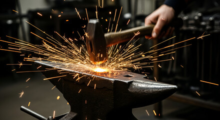 Blacksmith forging hot metal on anvil with hammer creating vibrant sparks