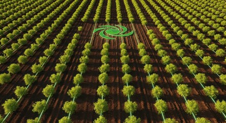 Ordered tree rows with irrigation, spiral design centrally on brown earth