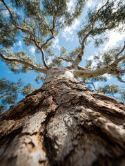 Upward view of a large tree trunk and canopy