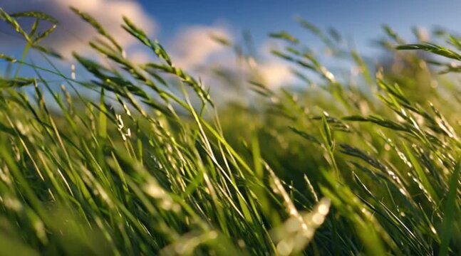 Gentle breeze blowing through lush green grass against a clear blue sky, creating a peaceful and serene rural landscape video background