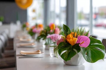 Colorful tropical floral arrangements decorate long table, dinnerware arranged for elegant event.