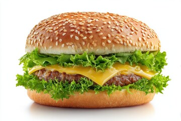 Close-up of a cheeseburger.  Fresh, golden bun with sesame seeds.  Melted cheese atop a juicy patty, topped with crisp lettuce. Isolated on white background