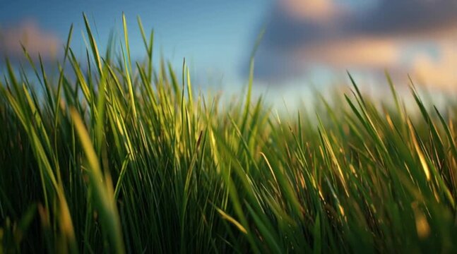 Gentle breeze rustling through vibrant green grass against a soft blue sky creating a serene natural scene perfect for summer promotions