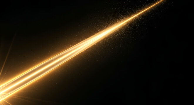 Dynamic golden light streak with shimmering particles on dark background for visual effects