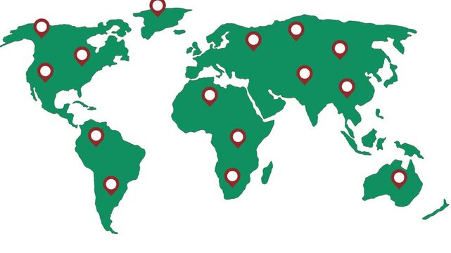 World map in green with red location pins on a white background Keywords: world map, global, international, locations, pins, red, green, white background, geography, continents, countries, travel