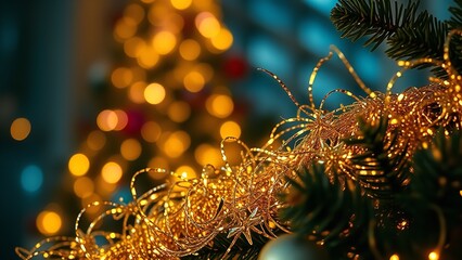 Golden Christmas ornaments hanging from a festive tree branch, glowing warmly against a soft background of twinkling holiday lights to create a cozy and magical seasonal atmosphere.