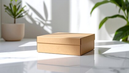 A minimalist brown cardboard box rests on a reflective surface, with soft shadows from indoor plants creating a serene ambiance