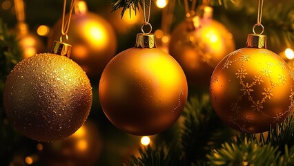 Golden Christmas ornaments hanging from a festive tree branch, glowing warmly against a soft background of twinkling holiday lights to create a cozy and magical seasonal atmosphere.