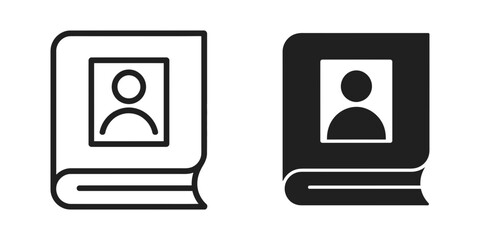 Address book or contact directory icon set showing a book with a user profile symbol, available in outline and filled styles for digital media.