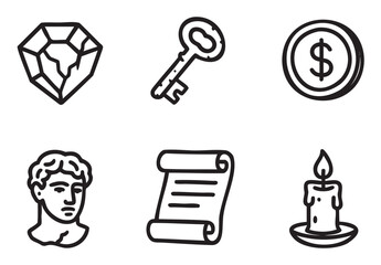 Diverse set of hand-drawn black line art icons representing wealth, history, and knowledge, including a diamond, vintage key, coin, classical bust, scroll, and a lit candle
