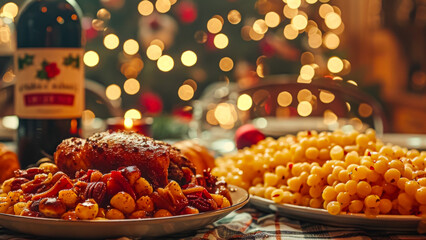 Festive Dinner Setting With Roasted Chicken and Pasta Under Twinkling Holiday Lights