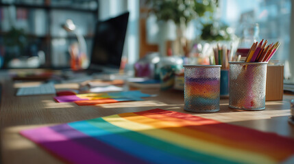 Office desk of an LGBT ally employee displaying transgender rainbow flag in queer friendly workplace