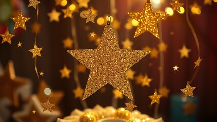 Glittering golden star ornaments hanging among soft, colorful holiday lights, creating a warm and magical festive atmosphere with a dreamy bokeh background.