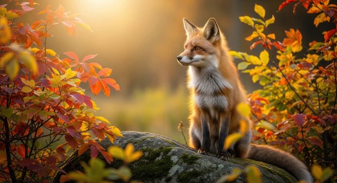 Red fox sits elegantly on a mossy rock in autumn