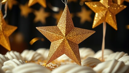 Glittering golden star ornaments hanging among soft, colorful holiday lights, creating a warm and magical festive atmosphere with a dreamy bokeh background.