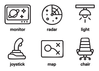 Fototapeta premium Set of six minimalist black line icons representing a command center or gaming setup, including a monitor, radar, joystick, and map