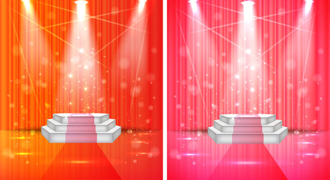 Award stage with hexagonal podium, red curtain background, and bright spotlights, perfect for event or celebration