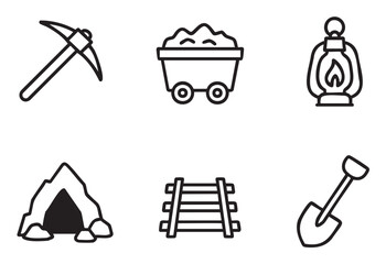 Fototapeta premium Vector graphic illustration of a mining equipment icon set with a pickaxe, cart, lantern, cave, track, and shovel, presented in a clean, minimalist line art style