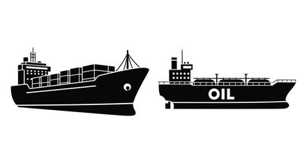 Obraz premium A black and white illustration of cargo and oil tanker ships at sea