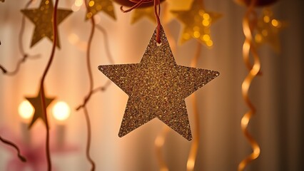 Glittering golden star ornaments hanging among soft, colorful holiday lights, creating a warm and magical festive atmosphere with a dreamy bokeh background.