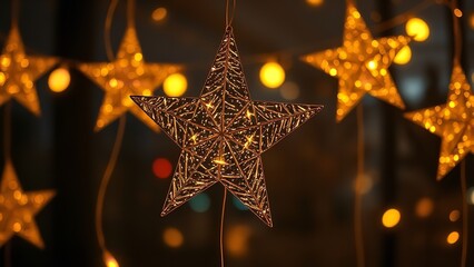 Glittering golden star ornaments hanging among soft, colorful holiday lights, creating a warm and magical festive atmosphere with a dreamy bokeh background.