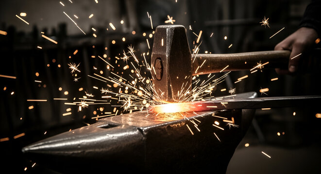 The blacksmith shapes a hot metal, striking it with a hammer on an anvil