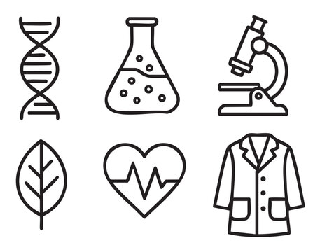 Set of minimalist black line art icons for science, biology, and medicine, featuring a DNA helix, flask, microscope, leaf, heartbeat, and lab coat