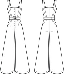 Elegant wide-leg jumpsuit front and back technical flat sketch, fashion CAD design, garment illustration, detailed vector drawing for apparel development